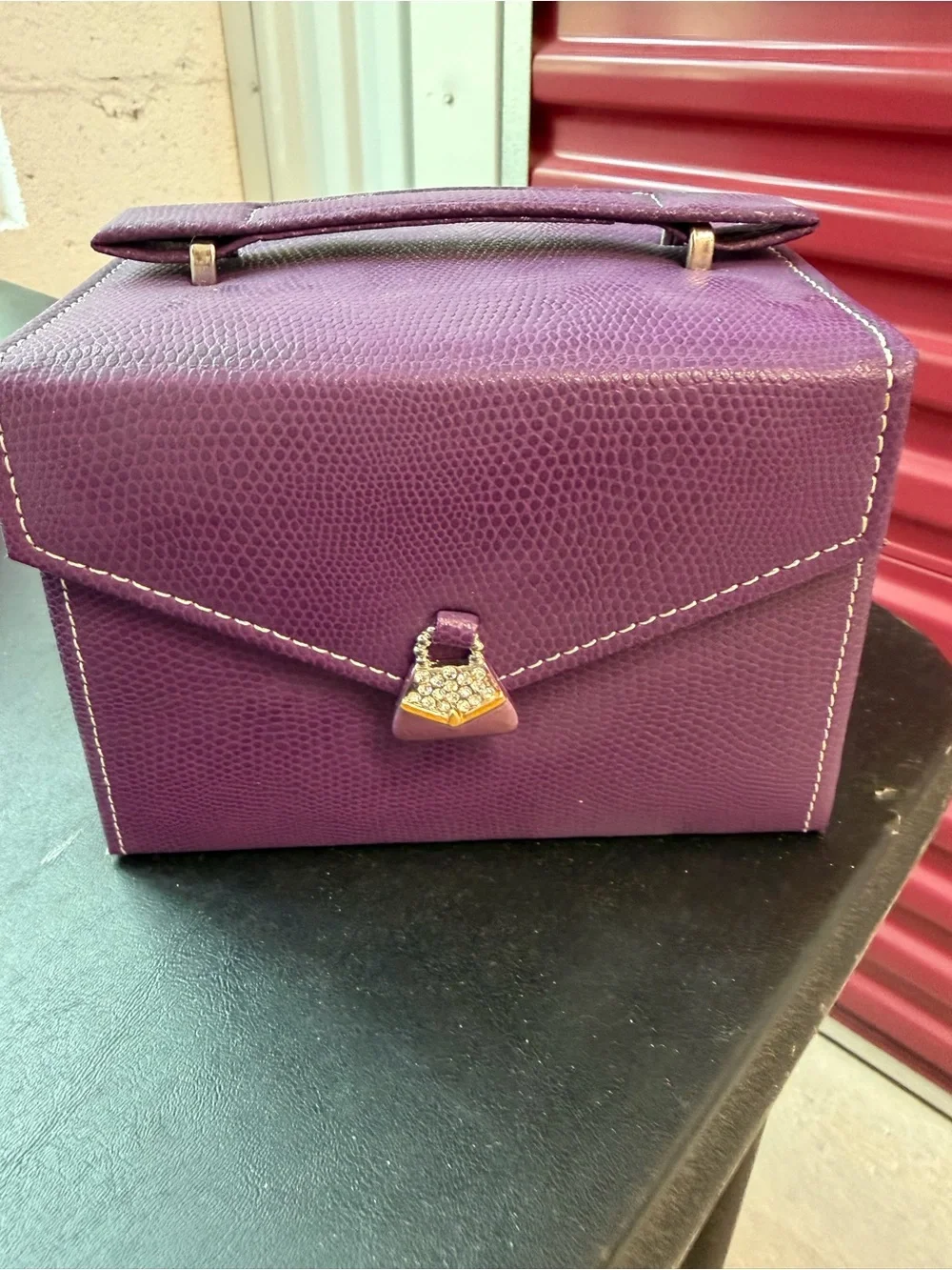Purple Faux Lizard Skin Jewelry Box with Rhinestone Clasp